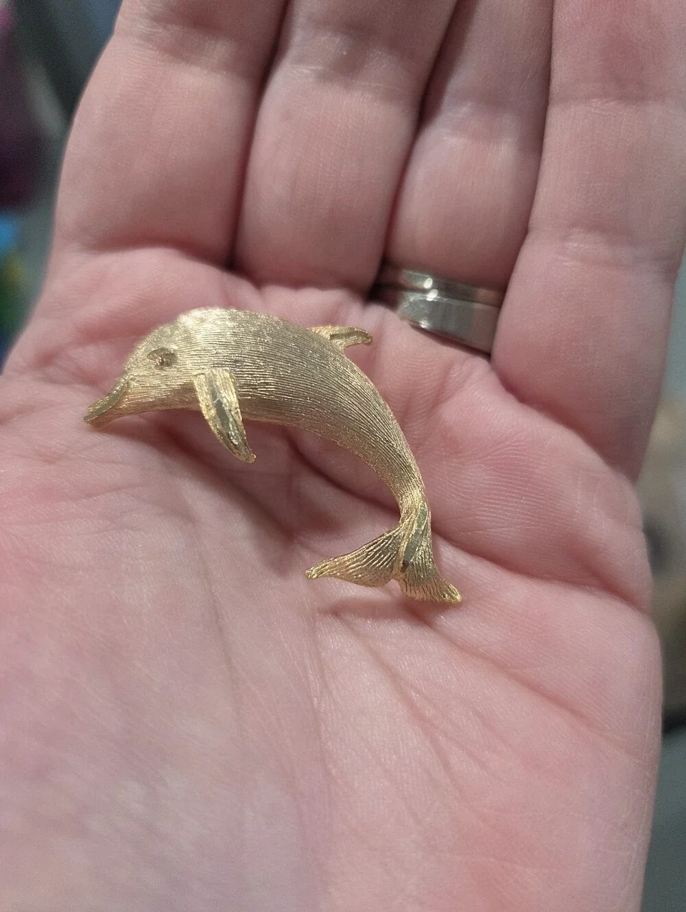 Vintage Gold Tone Dolphin Textured Brooch Pin